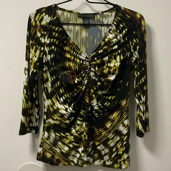 Cool Grace Elements Brown Yellow & Black Pleated Accent Polyester Spandex Top! - Picture 11 of 11